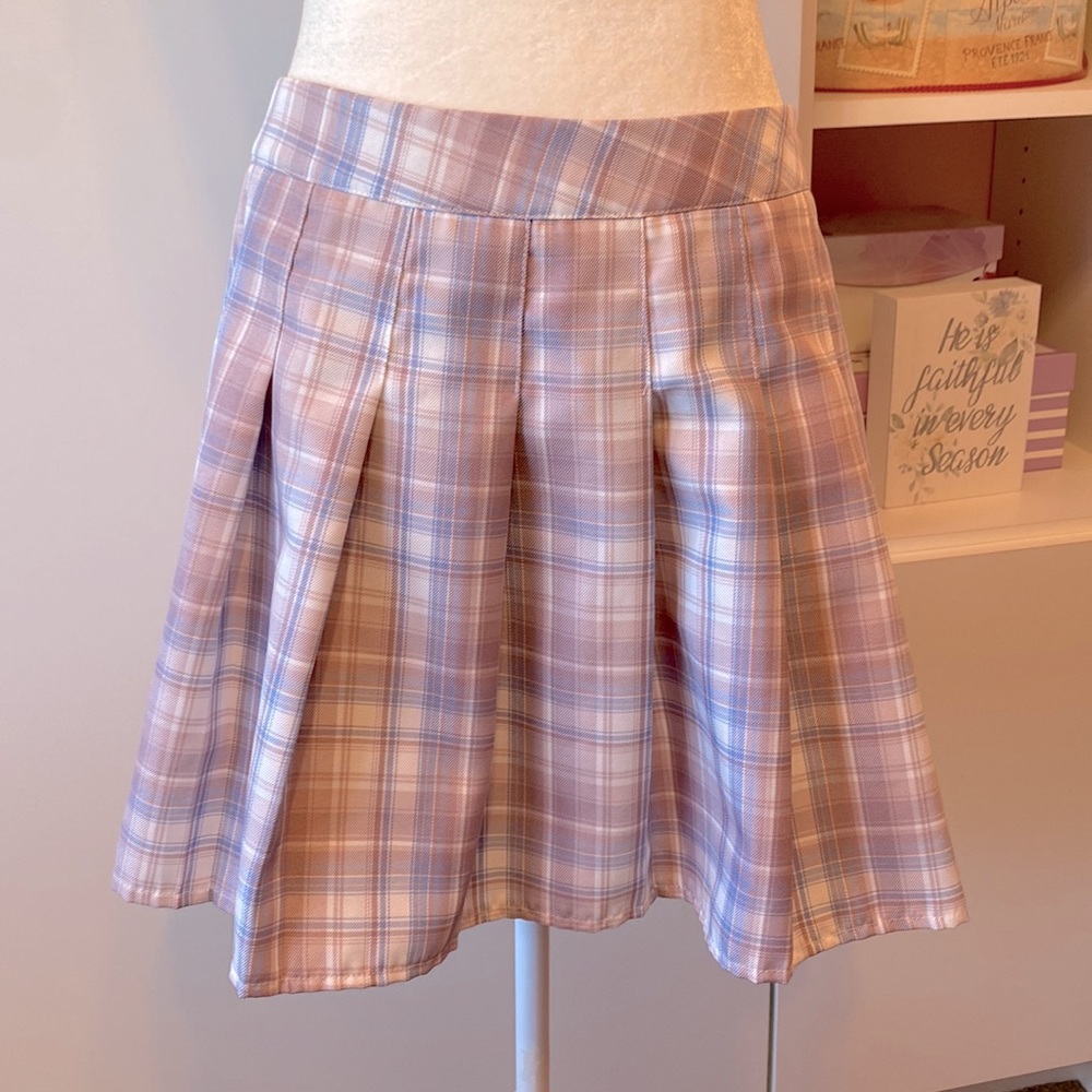 Romwe | Lavender Pastel Plaid Pleated Skirt Size L